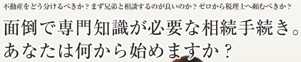 不動産をどう分けるべきか？まず兄弟と相談するのが良いのか？ゼロから税理士へ頼むべきか？面倒で専門知識が必要な相続手続き。あなたは何から始めますか？