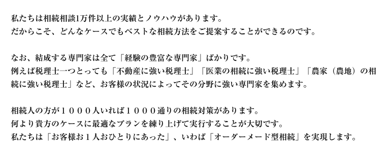 私たちは相続相談1万件以上の実績とノウハウがあります。
だからこそ、どんなケースでもベストな相続方法をご提案することができるのです。

なお、結成する専門家は全て「経験の豊富な専門家」ばかりです。
例えば税理士一つとっても「不動産に強い税理士」「医業の相続に強い税理士」「農家（農地）の相続に強い税理士」など、お客様の状況によってその分野に強い専門家を集めます。

相続人の方が１０００人いれば１０００通りの相続対策があります。
何より貴方のケースに最適なプランを練り上げて実行することが大切です。
私たちは「お客様お１人おひとりにあった」、いわば「オーダーメード型相続」を実現します。